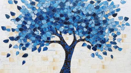 Mosaic blue tree design file showing detailed geometric leaf patterns and artistic composition