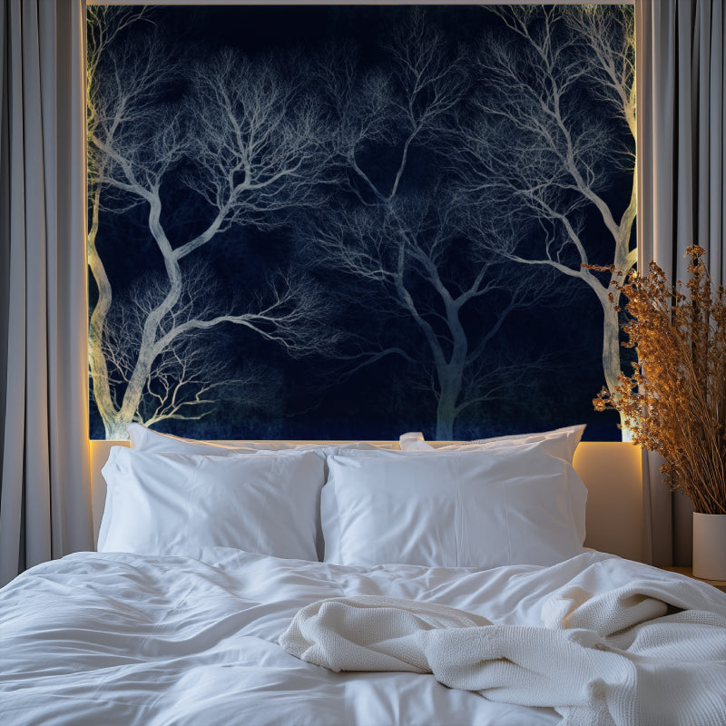 Night sky tree wallpaper making statement in minimalist dining room