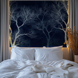Night sky tree wallpaper making statement in minimalist dining room