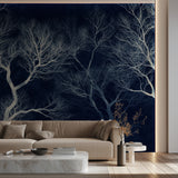 Blue and white tree mural adding depth to home office space