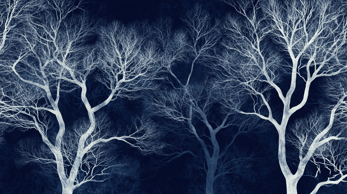 Design file showing intricate white tree branches pattern on deep blue background
