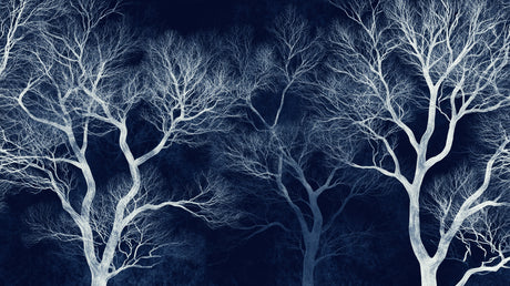 Design file showing intricate white tree branches pattern on deep blue background