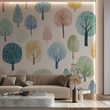 Living room decorated with pastel forest wallpaper creating calm atmosphere