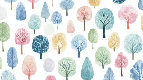 Design file showing full pattern of watercolor forest mural with soft pastel colors