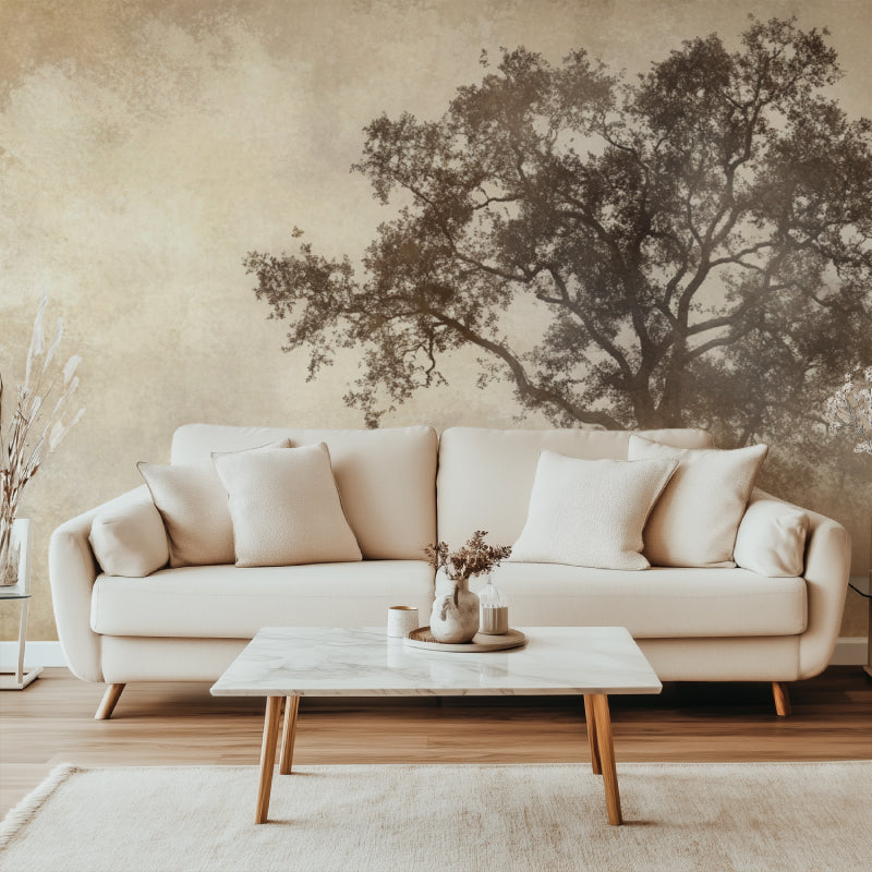 Beige tree wallpaper making statement in home office