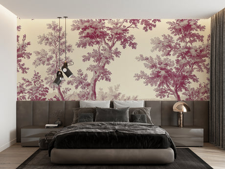 Berry red Toile de Jouy tree wallpaper in a French country dining room with wooden furniture