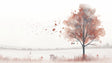 Watercolor tree wallpaper creating a serene atmosphere in a modern living room with soft autumn colors