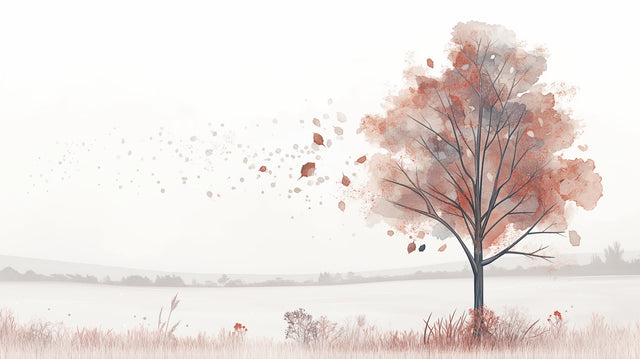 Watercolor tree wallpaper creating a serene atmosphere in a modern living room with soft autumn colors