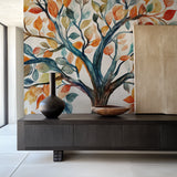 Watercolor leaves mural making a statement in a home office with soft lighting