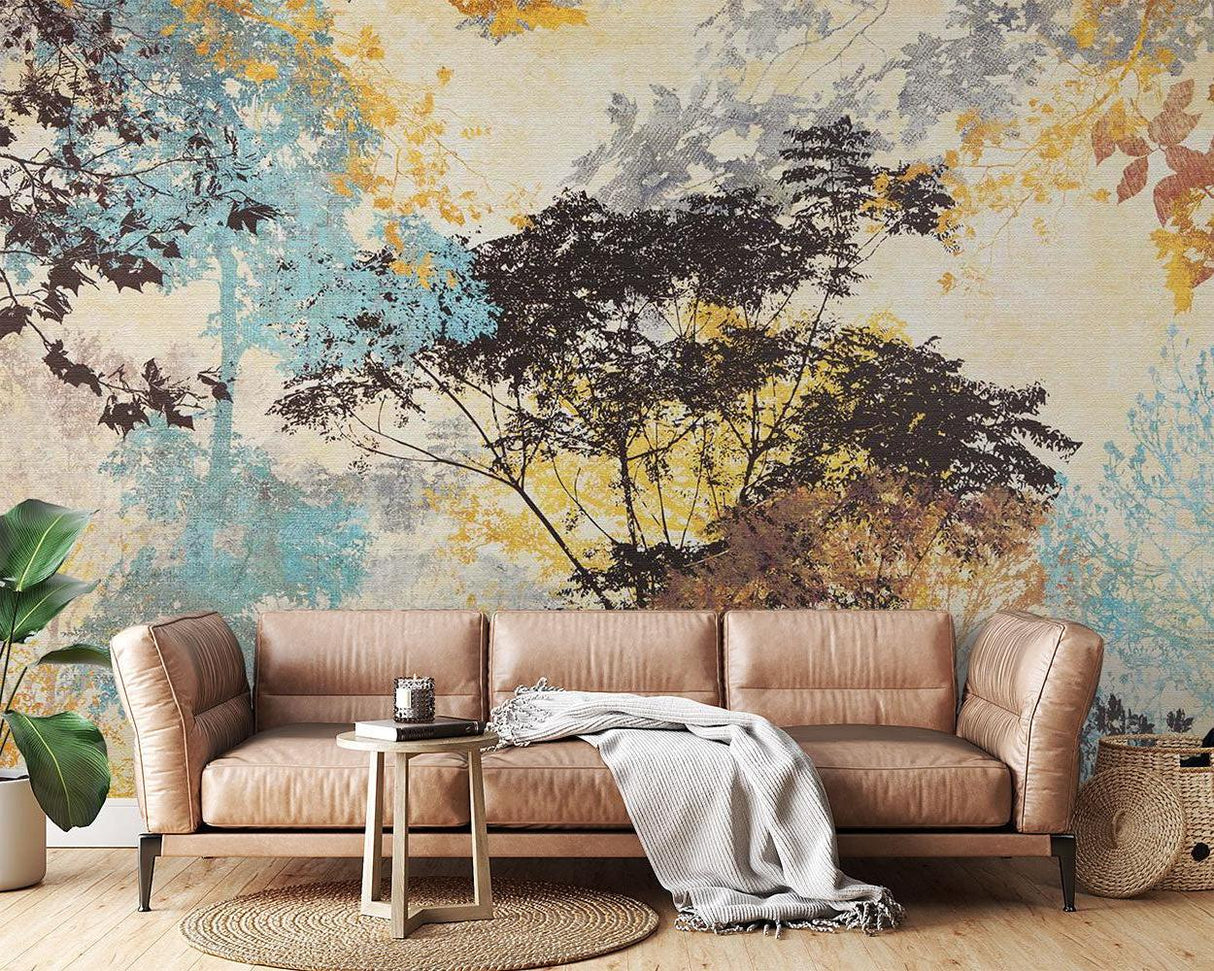 Watercolor tree mural bringing nature indoors in minimal bedroom setting