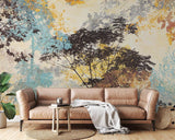 Watercolor tree mural bringing nature indoors in minimal bedroom setting