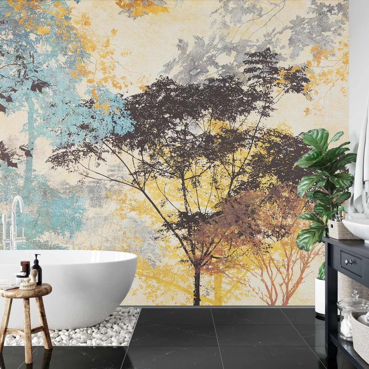 Blue and gold forest wallpaper transforming home office space with natural light