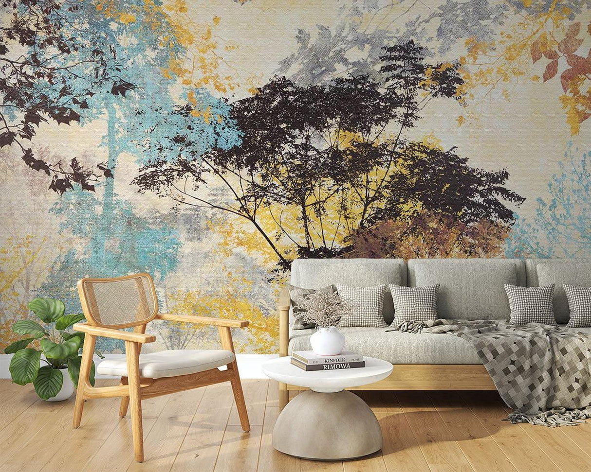 Tree mural wallpaper making statement in contemporary dining room