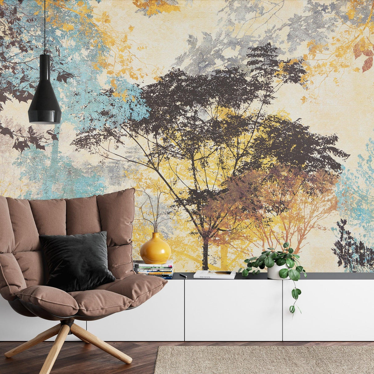 Watercolor forest design adding depth to hallway with natural lighting