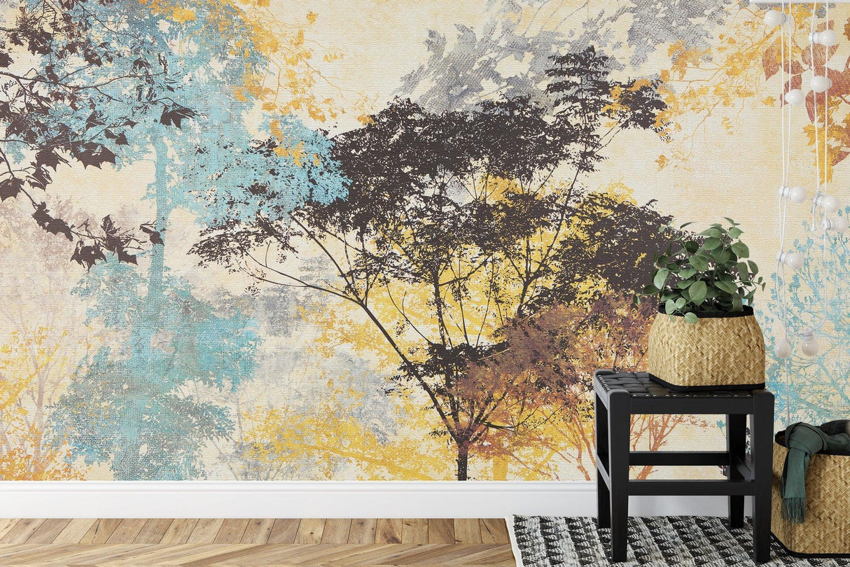 Forest wall mural creating calm atmosphere in reading nook corner