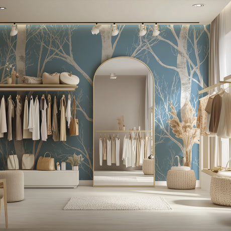 White birch tree wallpaper creating a peaceful atmosphere in modern living room with grey sofa