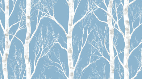 Design file showing detailed white birch tree pattern on calming blue background