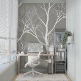 Branch pattern mural in hallway creating depth effect