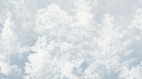 Winter forest wallpaper creating depth in modern living room with grey sofa and natural light