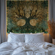 Tree of Life wallpaper mural creating a cozy atmosphere in a modern living room with green and gold accents