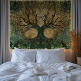 Tree of Life wallpaper mural creating a cozy atmosphere in a modern living room with green and gold accents
