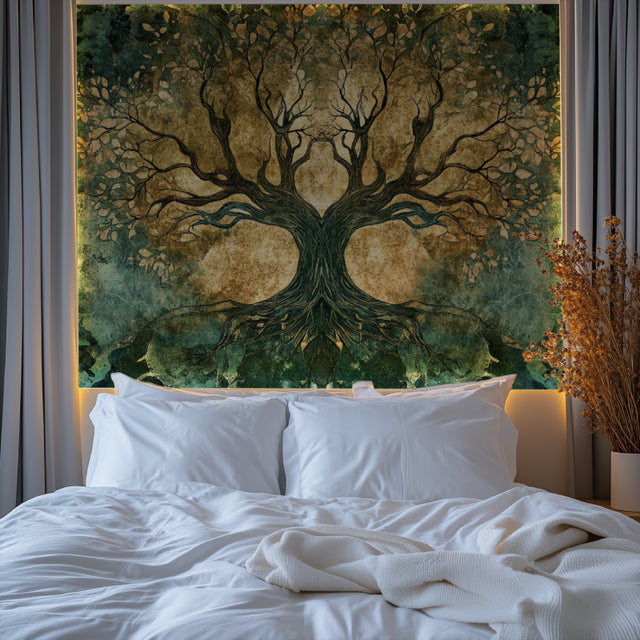 Tree of Life wallpaper mural creating a cozy atmosphere in a modern living room with green and gold accents