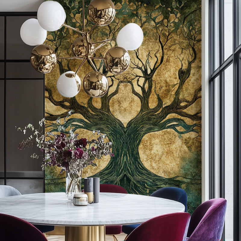 Green and gold Tree of Life wall mural bringing natural charm to a master bedroom