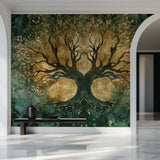 Mystical tree wallpaper adding depth to a dining room with soft lighting