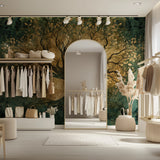 Tree mural creating a peaceful mood in a meditation room setting