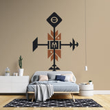 Tribal geometric wallpaper making a bold statement in a modern minimalist living room with terracotta accents
