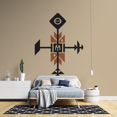 Tribal geometric wallpaper making a bold statement in a modern minimalist living room with terracotta accents