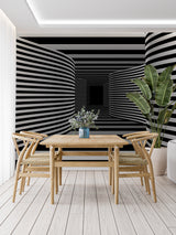Dining room featuring tropical arch wallpaper with misty garden scene