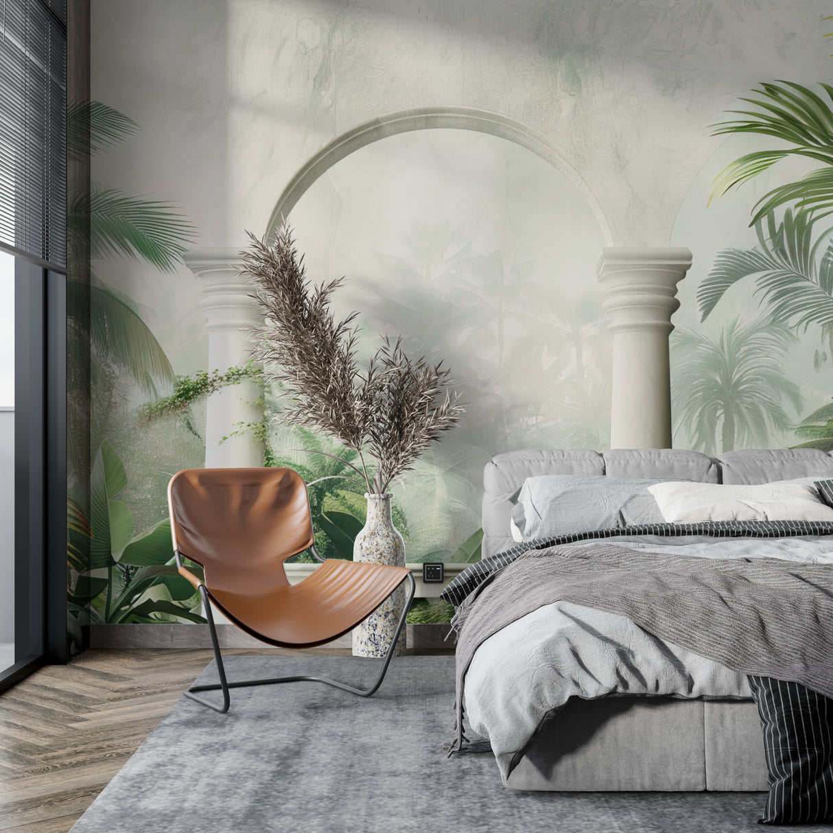 Tropical arch wallpaper with palm leaves in modern living room creating depth and elegance