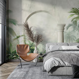 Tropical arch wallpaper with palm leaves in modern living room creating depth and elegance