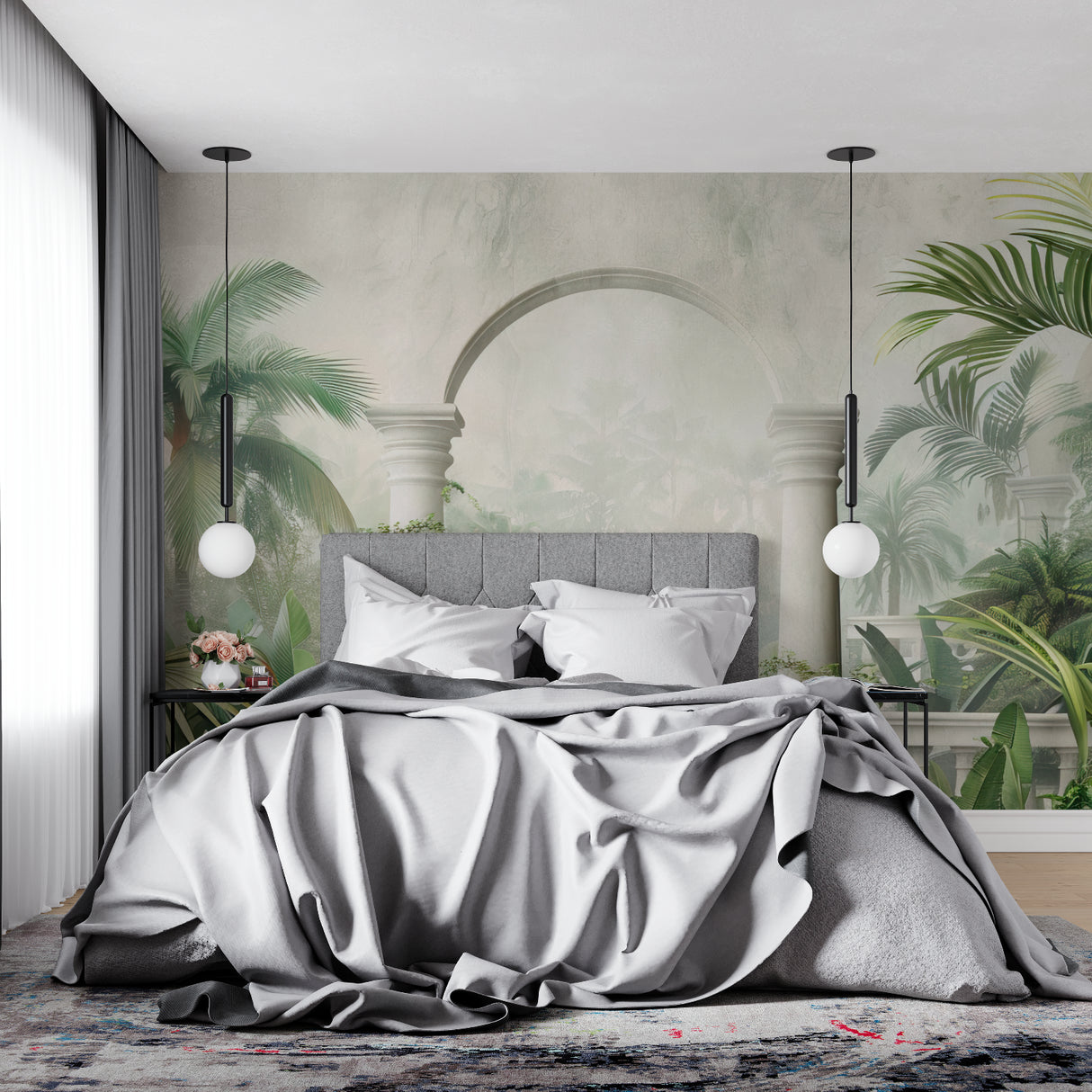 Classical palm leaf mural in master bedroom with soft morning light