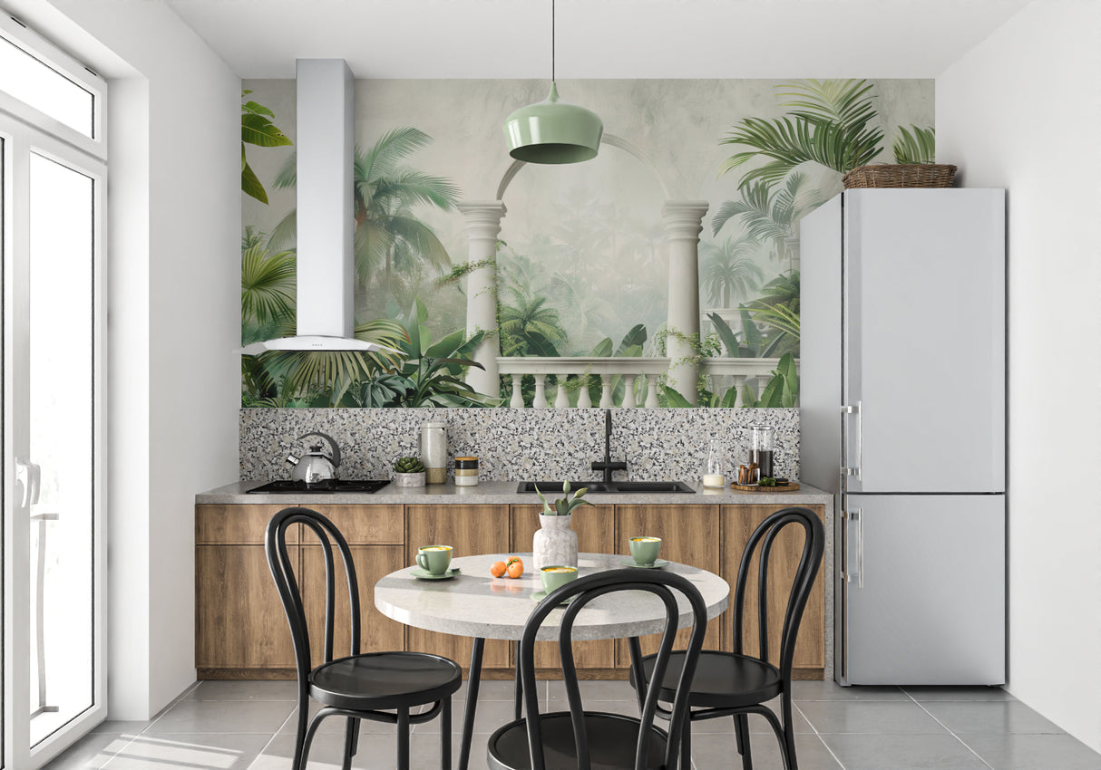 Architectural tropical wallpaper making statement in dining room