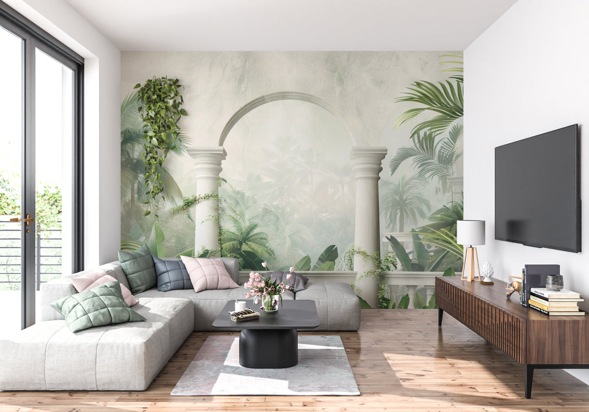 Palm and arch wallpaper creating resort feel in home office space