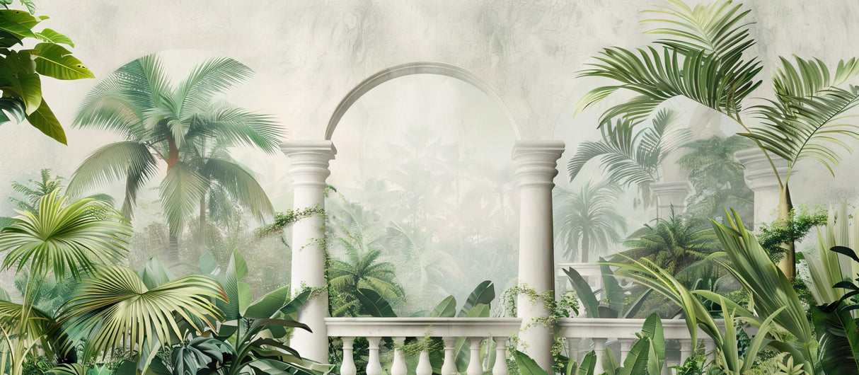 Design file showing detailed tropical arch pattern with classical columns and palm leaves