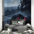 Tropical beach cave window mural in bright modern living room with white sofa and natural decor