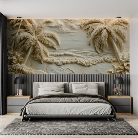 Tropical beach 3D relief wallpaper in modern living room showing textured palm trees and waves