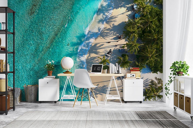 Tropical beach paradise wallpaper transforming a modern living room with aerial ocean views and turquoise waters