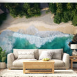 Tropical beach wallpaper creating a stunning focal point in modern living room with white furniture and natural light