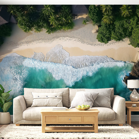 Tropical beach wallpaper creating a stunning focal point in modern living room with white furniture and natural light