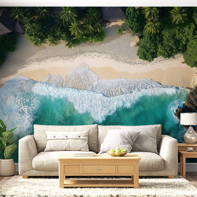 Tropical beach wallpaper creating a stunning focal point in modern living room with white furniture and natural light