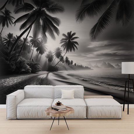 Black and white tropical beach wallpaper creating a peaceful atmosphere in a modern living room with minimal furniture
