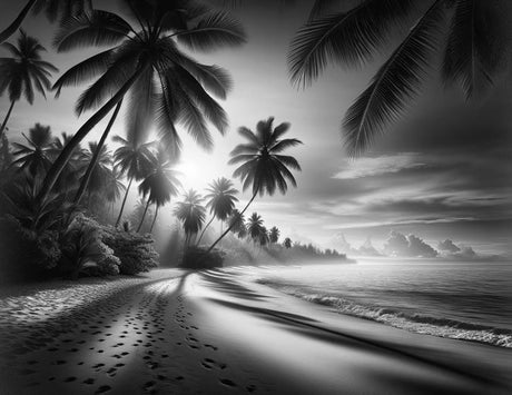 Tropical beach paradise design file showing detailed palm trees and shoreline in stunning monochrome