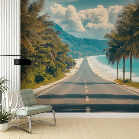 Tropical beach wallpaper with coastal road and palm trees creating depth in a bright modern living room