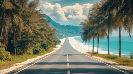 Tropical beach paradise design file showing detailed palm trees and curved coastal road