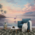 Tropical beach wallpaper with flamingo and sunset creating a cozy atmosphere in a modern living room