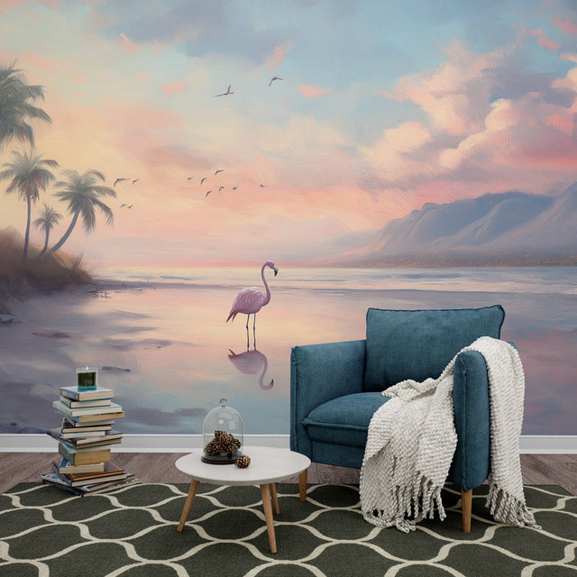 Tropical beach wallpaper with flamingo and sunset creating a cozy atmosphere in a modern living room